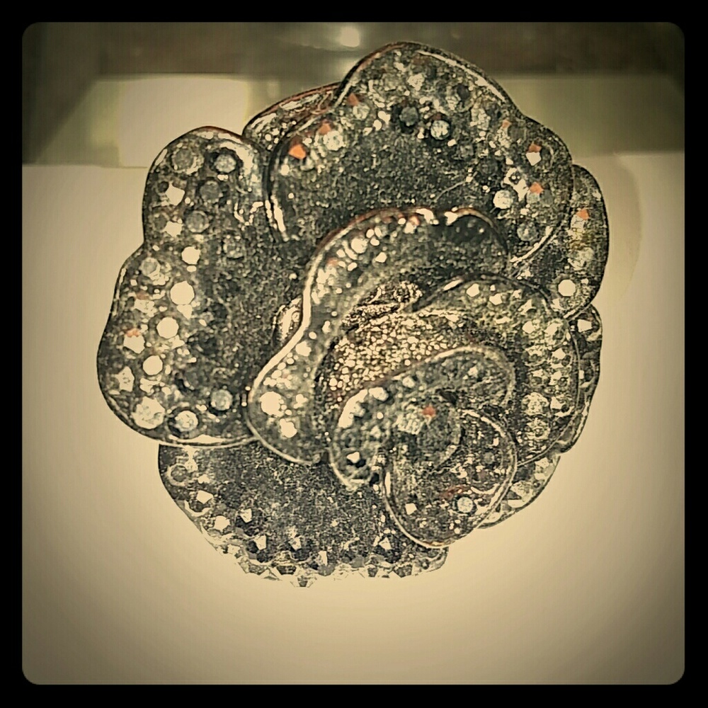 Black rose stone and brushed silver statement ring fits a ring finger.